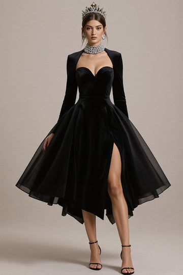 Robe de cocktail midi à manches trapèze en velours noir
